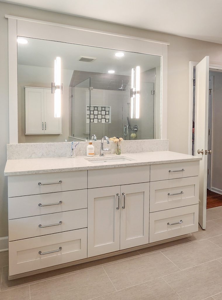 Timeless farmhouse - Elevated Designs: full, white vanity and mirror