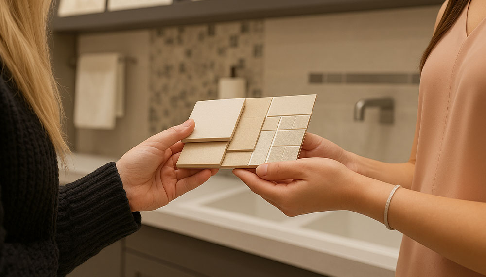 Elevated Designs Services Consultation two people reviewing tile samples