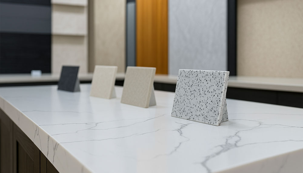 Elevated Designs Services Selection Quartz counter samples sitting on top of marble coutnertop